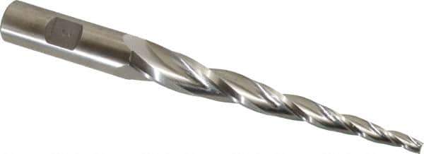 Made in USA - 3° Taper Angle per Side, 3/16" Small End Diam, 4" LOC, High Speed Steel 3 Flute Tapered Square End Mill - 6-1/2" OAL, 5/8" Shank Diam, Spiral Flute - USA Tool & Supply