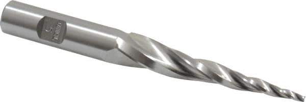 Made in USA - 5° Taper Angle per Side, 3/32" Small End Diam, 2-1/2" LOC, High Speed Steel 3 Flute Tapered Square End Mill - 4-1/2" OAL, 1/2" Shank Diam, Spiral Flute - USA Tool & Supply