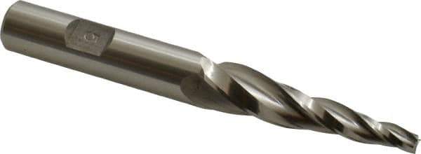 Made in USA - 5° Taper Angle per Side, 3/16" Small End Diam, 2" LOC, High Speed Steel 3 Flute Tapered Square End Mill - 4-1/8" OAL, 1/2" Shank Diam, Spiral Flute - USA Tool & Supply