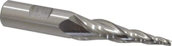 Made in USA - 7° Taper Angle per Side, 1/8" Small End Diam, 2" LOC, High Speed Steel 3 Flute Tapered Square End Mill - 4-1/8" OAL, 5/8" Shank Diam, Spiral Flute - USA Tool & Supply