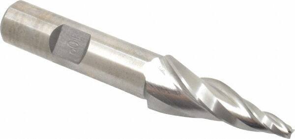 Made in USA - 10° Taper Angle per Side, 1/8" Small End Diam, 1-1/2" LOC, High Speed Steel 3 Flute Tapered Square End Mill - 3-5/8" OAL, 1/2" Shank Diam, Spiral Flute - USA Tool & Supply