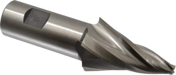 Made in USA - 15° Taper Angle per Side, 1/4" Small End Diam, 2-1/4" LOC, High Speed Steel 3 Flute Tapered Square End Mill - 4-3/4" OAL, 1" Shank Diam, Spiral Flute - USA Tool & Supply