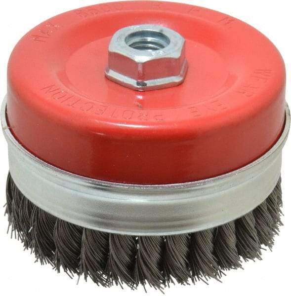 Value Collection - 4-3/8" Diam, 5/8-11 Threaded Arbor, Steel Fill Cup Brush - 0.02 Wire Diam, 6,500 Max RPM - USA Tool & Supply