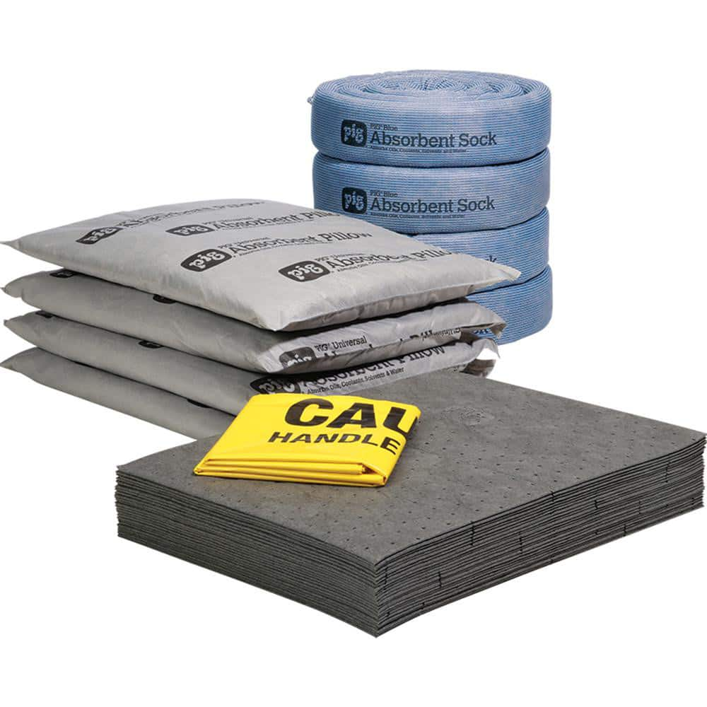 Spill Kits; Kit Type: Universal; Absorption Capacity: 21.0 gal; Includes: 4 - Ext. Dia. 3 in x 10 ft L Pig Blue Absorbent Sock 4 - 17 in W x 21 in L x 2 in H Pig Absorbent Pillow 25 - 15 in W x 20 in L Pig Absorbent Mat Pad 6 - 2 in W x 6 in L Tamperproof