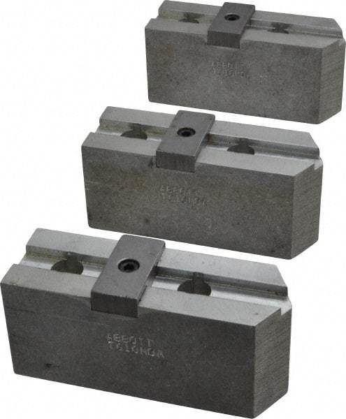 Abbott Workholding Products - 10" & Up Chuck Capacity, Tongue & Groove Attachment, Square Soft Lathe Chuck Jaw - 3 Jaws, Aluminum, 2-1/8" Btw Mount Hole Ctrs, 4-1/2" Long x 1-1/2" Wide x 2" High, 1/2" Groove, 1/2" Fastener - USA Tool & Supply