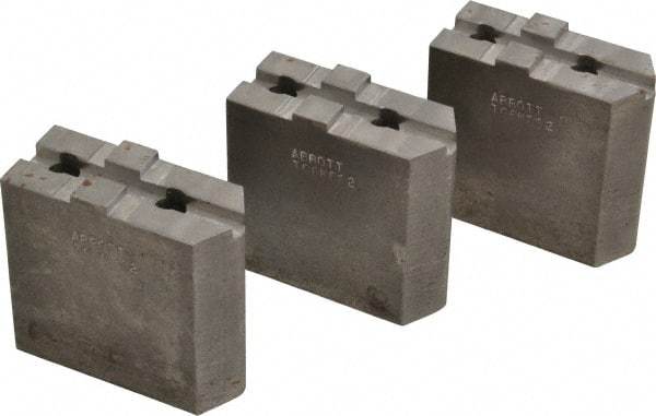 Abbott Workholding Products - 6" & Up Chuck Capacity, Tongue & Groove Attachment, Square Soft Lathe Chuck Jaw - 3 Jaws, Steel, 1-1/2" Btw Mount Hole Ctrs, 3" Long x 1-1/4" Wide x 3" High, 5/16" Groove, 3/8" Fastener - USA Tool & Supply