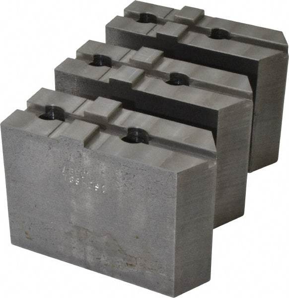 Abbott Workholding Products - 8" & Up Chuck Capacity, Tongue & Groove Attachment, Square Soft Lathe Chuck Jaw - 3 Jaws, Steel, 1-3/4" Btw Mount Hole Ctrs, 4" Long x 1-1/2" Wide x 3" High, 5/16" Groove, 1/2" Fastener - USA Tool & Supply
