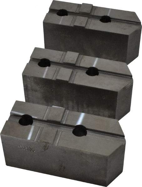 Abbott Workholding Products - 15 to 18" Chuck Capacity, Tongue & Groove Attachment, Square Soft Lathe Chuck Jaw - 3 Jaws, Steel, 3" Btw Mount Hole Ctrs, 6-1/2" Long x 2-1/2" Wide x 3" High, 1/2" Groove, 3/4" Fastener - USA Tool & Supply