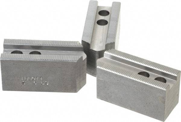 Abbott Workholding Products - 6-1/2" Chuck Capacity, 1/16" x 90 Serrated Attachment, Square Soft Lathe Chuck Jaw - 3 Jaws, Steel, 0.65" Btw Mount Hole Ctrs, 3" Long x 1-1/4" Wide x 1-1/2" High, 0.551" Groove, 0.3937" & 10mm Fastener - USA Tool & Supply