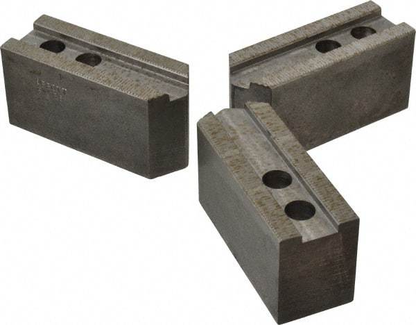 Abbott Workholding Products - 8" & Up Chuck Capacity, 1/16" x 90 Serrated Attachment, Square Soft Lathe Chuck Jaw - 3 Jaws, Steel, 29/32" Btw Mount Hole Ctrs, 4" Long x 1-1/2" Wide x 2" High, 0.669" Groove, 0.4724" & 12mm Fastener - USA Tool & Supply