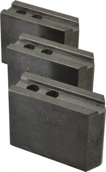 Abbott Workholding Products - 8" & Up Chuck Capacity, 1/16" x 90 Serrated Attachment, Square Soft Lathe Chuck Jaw - 3 Jaws, Steel, 29/32" Btw Mount Hole Ctrs, 4" Long x 1-1/2" Wide x 3" High, 0.669" Groove, 0.4724" & 12mm Fastener - USA Tool & Supply