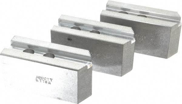 Abbott Workholding Products - 8" & Up Chuck Capacity, 1.5mm x 60° Serrated Attachment, Square Soft Lathe Chuck Jaw - 3 Jaws, Aluminum, 63/64" Btw Mount Hole Ctrs, 4" Long x 1-1/2" Wide x 2" High, 0.5512" Groove, 0.4724" & 12mm Fastener - USA Tool & Supply