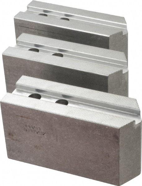 Abbott Workholding Products - 10" & Up Chuck Capacity, 1.5mm x 60° Serrated Attachment, Square Soft Lathe Chuck Jaw - 3 Jaws, Aluminum, 1.1811" Btw Mount Hole Ctrs, 5-1/2" Long x 2" Wide x 3" High, 0.6299" Groove, 0.4724" & 12mm Fastener - USA Tool & Supply
