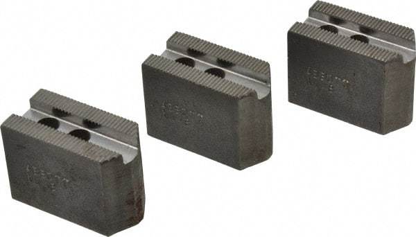 Abbott Workholding Products - 4" & Up Chuck Capacity, 1.5mm x 60° Serrated Attachment, Square Soft Lathe Chuck Jaw - 3 Jaws, Steel, 0.5512" Btw Mount Hole Ctrs, 2" Long x 1" Wide x 1-1/2" High, 0.3937" Groove, 0.315" & 8mm Fastener - USA Tool & Supply