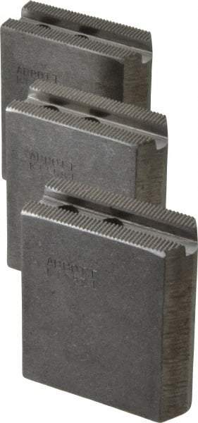 Abbott Workholding Products - 5" & Up Chuck Capacity, 1.5mm x 60° Serrated Attachment, Square Soft Lathe Chuck Jaw - 3 Jaws, Steel, 0.7087" Btw Mount Hole Ctrs, 2-1/2" Long x 1" Wide x 3" High, 0.3937" Groove, 0.315" & 8mm Fastener - USA Tool & Supply