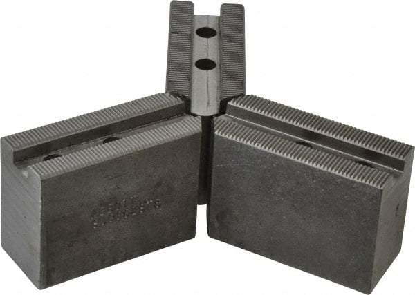 Abbott Workholding Products - 6" & Up Chuck Capacity, 1.5mm x 60° Serrated Attachment, Square Soft Lathe Chuck Jaw - 3 Jaws, Steel, 63/64" Btw Mount Hole Ctrs, 3" Long x 1-1/4" Wide x 2" High, 0.4331" Groove, 0.315" & 8mm Fastener - USA Tool & Supply