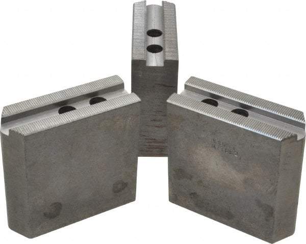 Abbott Workholding Products - 8" & Up Chuck Capacity, 1.5mm x 60° Serrated Attachment, Square Soft Lathe Chuck Jaw - 3 Jaws, Steel, 63/64" Btw Mount Hole Ctrs, 4" Long x 1-1/2" Wide x 4" High, 0.5512" Groove, 0.4724" & 12mm Fastener - USA Tool & Supply