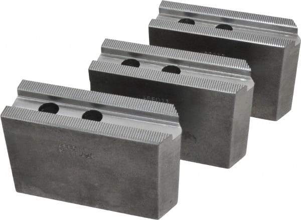 Abbott Workholding Products - 10" & Up Chuck Capacity, 1.5mm x 60° Serrated Attachment, Square Soft Lathe Chuck Jaw - 3 Jaws, Steel, 1.1811" Btw Mount Hole Ctrs, 4-1/2" Long x 1-1/2" Wide x 3" High, 0.6299" Groove, 0.4724" & 12mm Fastener - USA Tool & Supply