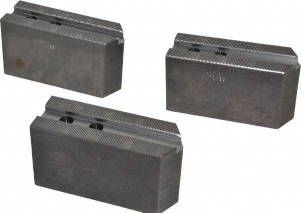 Abbott Workholding Products - 10" & Up Chuck Capacity, 1.5mm x 60° Serrated Attachment, Square Soft Lathe Chuck Jaw - 3 Jaws, Steel, 1.1811" Btw Mount Hole Ctrs, 5-1/2" Long x 2" Wide x 3" High, 0.6299" Groove, 0.4724" & 12mm Fastener - USA Tool & Supply
