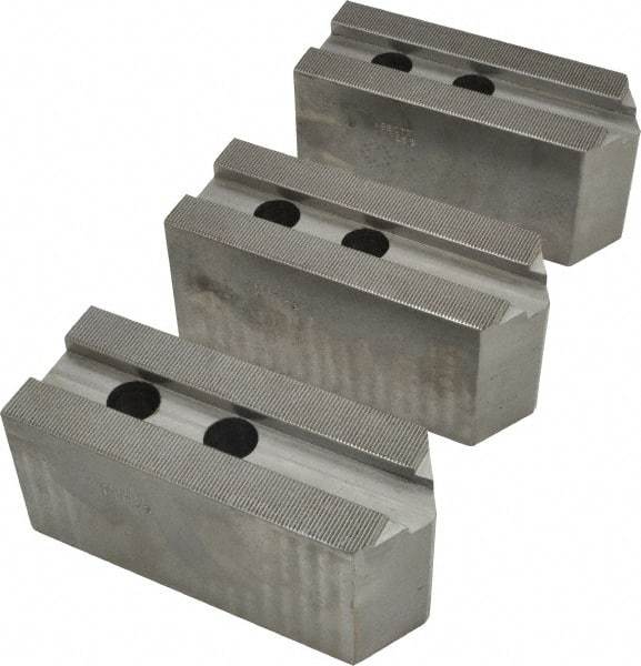 Abbott Workholding Products - 15 to 18" Chuck Capacity, 1.5mm x 60° Serrated Attachment, Square Soft Lathe Chuck Jaw - 3 Jaws, Steel, 1.6929" Btw Mount Hole Ctrs, 6-1/2" Long x 2-1/2" Wide x 3" High, 0.8661" Groove, 0.7874" & 20mm Fastener - USA Tool & Supply