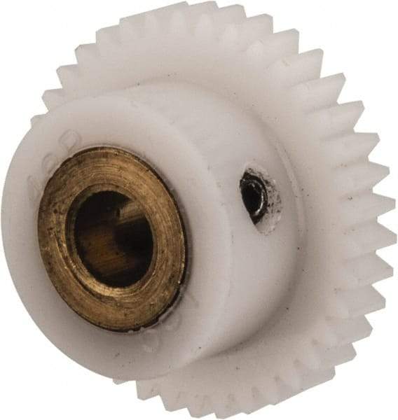 Made in USA - 48 Pitch, 0.792" Pitch Diam, 0.833" OD, 38 Tooth Spur Gear - 1/8" Face Width, 3/16" Bore Diam, 35/64" Hub Diam, 20° Pressure Angle, Acetal - USA Tool & Supply