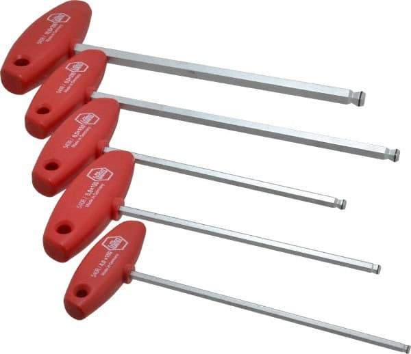Wiha - 5 Piece T-Handle Ball End Hex Key Set - Hex Range 4 to 10mm, Chrome Vanadium Molybdenum - USA Tool & Supply
