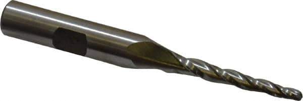 Made in USA - 2° Taper Angle per Side, 1/8" Small End Diam, 1-1/4" LOC, High Speed Steel 3 Flute Tapered Ball End Mill - 3-1/8" OAL, 3/8" Shank Diam - USA Tool & Supply