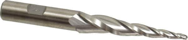 Made in USA - 5° Taper Angle per Side, 1/8" Small End Diam, 2-1/2" LOC, High Speed Steel 3 Flute Tapered Ball End Mill - 4-1/2" OAL, 1/2" Shank Diam, Spiral Flute - USA Tool & Supply