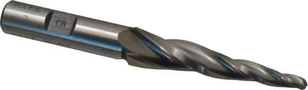 Made in USA - 5° Taper Angle per Side, 3/16" Small End Diam, 2-1/2" LOC, High Speed Steel 3 Flute Tapered Ball End Mill - 4-1/2" OAL, 1/2" Shank Diam, Spiral Flute - USA Tool & Supply