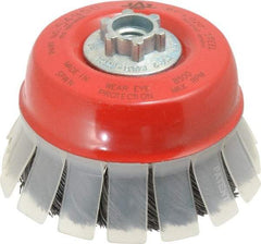 JAZ USA - 4" Diam, 5/8-11 & M14x2.00 Threaded Arbor, Steel Fill Cup Brush - 0.02 Wire Diam, 1-1/8" Trim Length, 8,500 Max RPM - USA Tool & Supply