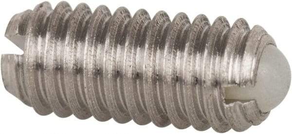 Vlier - M4x0.7, 2.5mm Ball Diam, 9mm Body Length, 0.81mm Max Ball Reach, Threaded Ball Plunger - Stainless Steel Body, Nylon Ball, 0.9 Lb Initial End Force, 2.25 Lb Final End Force - USA Tool & Supply