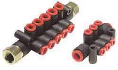 SMC PNEUMATICS - 12mm Inlet, 8mm Outlet Manifold - 116mm Long, 2 Inlet Ports, 10 Outlet Ports - USA Tool & Supply