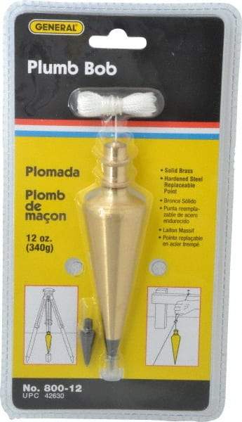 General - 5 Inch Long, 1-3/8 Inch Diameter Brass Plumb Bob - 12 Ounce, Has Replacable Tip - USA Tool & Supply