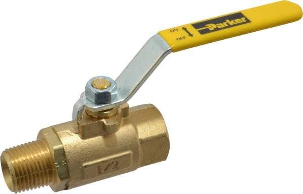 Parker - 1/2" Pipe, Brass Standard Ball Valve - 2 Piece, Inline - One Way Flow, MNPT x FNPT Ends, Lever Handle, 600 WOG, 150 WSP - USA Tool & Supply