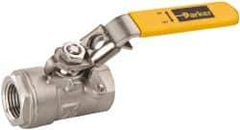 Parker - 1/2" Pipe, Full Port, Stainless Steel Standard Ball Valve - 2 Piece, Inline - One Way Flow, FNPT x FNPT Ends, Padlock Handle, 2,000 WOG, 150 WSP - USA Tool & Supply