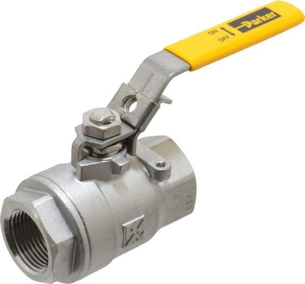 Parker - 1" Pipe, Full Port, Stainless Steel Standard Ball Valve - 2 Piece, Inline - One Way Flow, FNPT x FNPT Ends, Padlock Handle, 2,000 WOG, 150 WSP - USA Tool & Supply