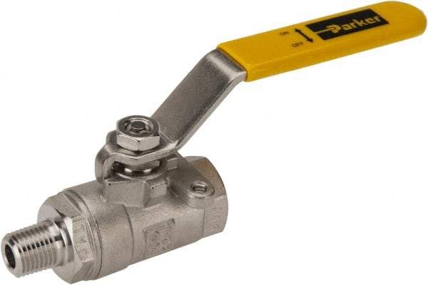 Parker - 1/4" Pipe, Full Port, Stainless Steel Standard Ball Valve - 2 Piece, Inline - One Way Flow, MNPT x FNPT Ends, Lever Handle, 2,000 WOG, 150 WSP - USA Tool & Supply