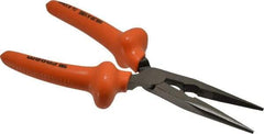 Facom - 8-9/32" OAL, 2-23/32" Jaw Length x 1-3/8" Jaw Width, Long Nose Side Cutting Burnished Insulated Pliers - Serrated Jaw, Half Round Nose Head, Plastic Coated Handles - USA Tool & Supply