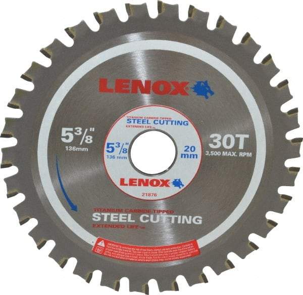 Lenox - 5-3/8" Diam, 20mm Arbor Hole Diam, 30 Tooth Wet & Dry Cut Saw Blade - Titanium Carbide-Tipped, General Purpose Action, Standard Round Arbor - USA Tool & Supply