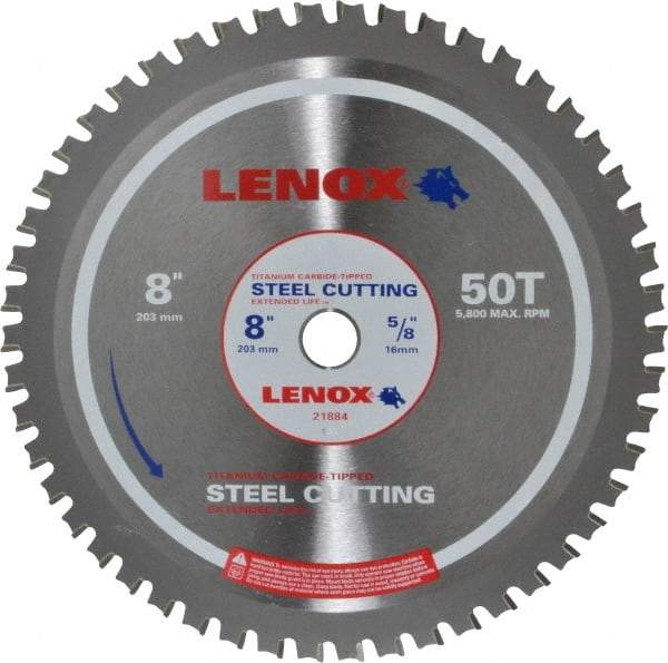 Lenox - 8" Diam, 5/8" Arbor Hole Diam, 50 Tooth Wet & Dry Cut Saw Blade - Titanium Carbide-Tipped, General Purpose Action, Standard Round Arbor - USA Tool & Supply