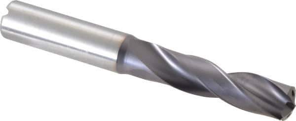 Kennametal - 12.7mm 140° Spiral Flute Solid Carbide Screw Machine Drill Bit - Multilayer TiAlN Finish, Right Hand Cut, 60mm Flute Length, 107mm OAL, Standard Point, Straight Shank, Through Coolant - USA Tool & Supply
