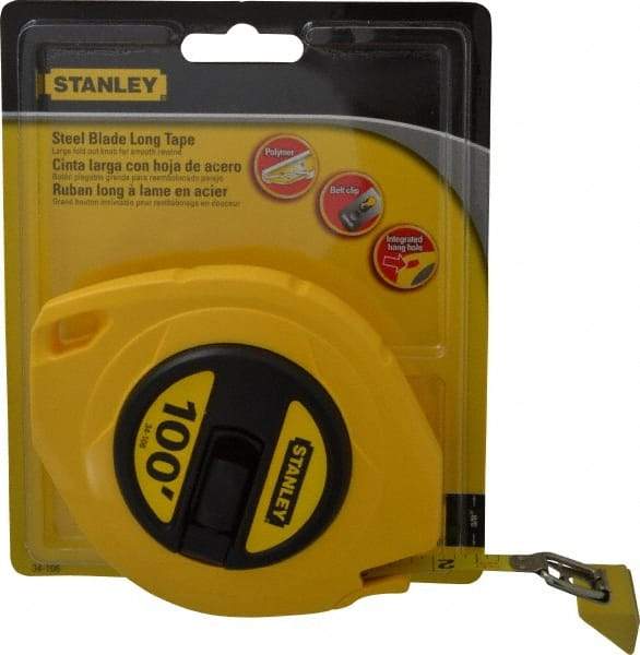 Stanley - 100' x 3/8" Yellow Blade Tape Measure - 1/8" Graduation, Inch Graduation Style, Yellow Case - USA Tool & Supply