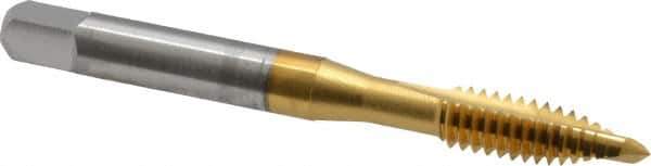 OSG - 1/4-20 UNC, 2 Flute, TiN Finish, High Speed Steel Spiral Point Tap - Plug Chamfer, Right Hand Thread, 2-1/2" OAL, 1" Thread Length, 0.255" Shank Diam, 2B Class of Fit, Series 288 - Exact Industrial Supply