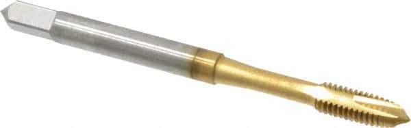 OSG - M4x0.70 Metric Coarse, 2 Flute, TiN Finish, High Speed Steel Spiral Point Tap - Plug Chamfer, Right Hand Thread, 2-1/8" OAL, 3/4" Thread Length, 0.168" Shank Diam, 6H Class of Fit, Series 288 - Exact Industrial Supply