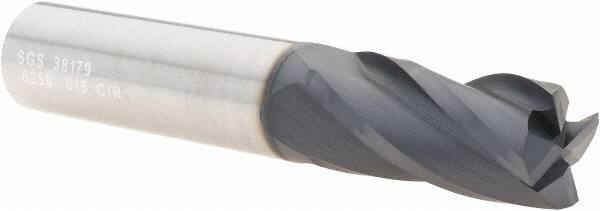 SGS - 5/8", 4 Flute, Single End, Solid Carbide, 0.015" Corner Radius End Mill - 3-1/2" OAL, 30° Helix, Right Hand Flute, 1-1/4" LOC, Right Hand Cut - USA Tool & Supply