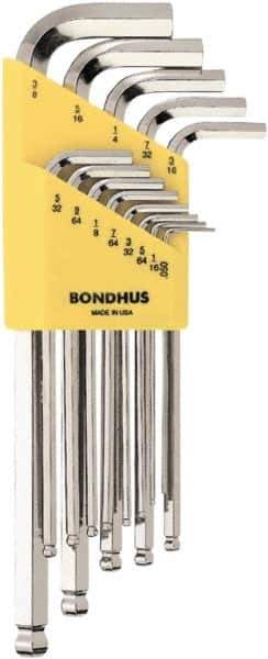 Bondhus - 13 Piece L-Key Ball End Hex Key Set - Hex Range 0.05 to 3/8", 7" OAL, Protanium High Torque Steel - USA Tool & Supply