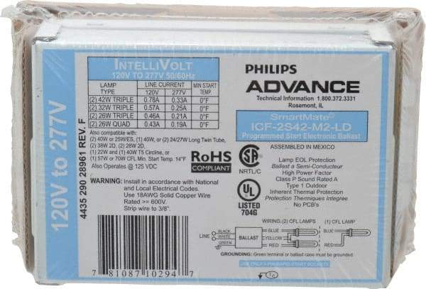 Philips Advance - 1 or 2 Lamp, 120-277 Volt, 0.21 to 0.78 Amp, 0 to 39, 40 to 79 Watt, Programmed Start, Electronic, Nondimmable Fluorescent Ballast - 0.80, 0.85, 0.93, 0.94, 0.95, 0.96, 0.97, 0.98, 1.00 Ballast Factor - USA Tool & Supply