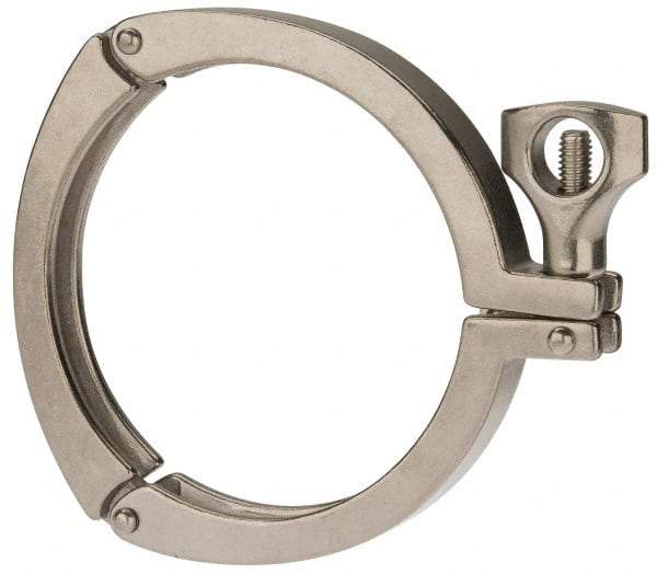VNE - 4", Clamp Style, Sanitary Stainless Steel Pipe Three Piece Clamp with Holed Wing Nut - Grade 304 - USA Tool & Supply