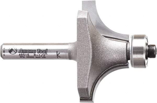 Amana Tool - 1-1/2" Cut Diam, 3/4" Length of Cut, 2 Flute Round-Over Edge Profile Router Bit - Carbide-Tipped, 1/4" Shank Diam, 2-1/4" OAL, Uncoated - USA Tool & Supply