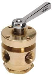 Made in USA - Flow Diverting Valves; Pipe Size: 1/4 (Inch); Type: 3-Way ; Style: No Stack ; Material: Brass ; Rotor Material: Stainless Steel ; Seal Material: Viton O-Ring Set - Exact Industrial Supply